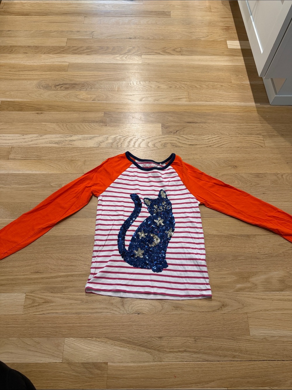 Mini Boden Red Raglan Sleeve Striped Tee with Navy Sequin Cat